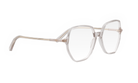 A pair of clear, rectangular-shaped eyeglasses with a gold-colored frame.