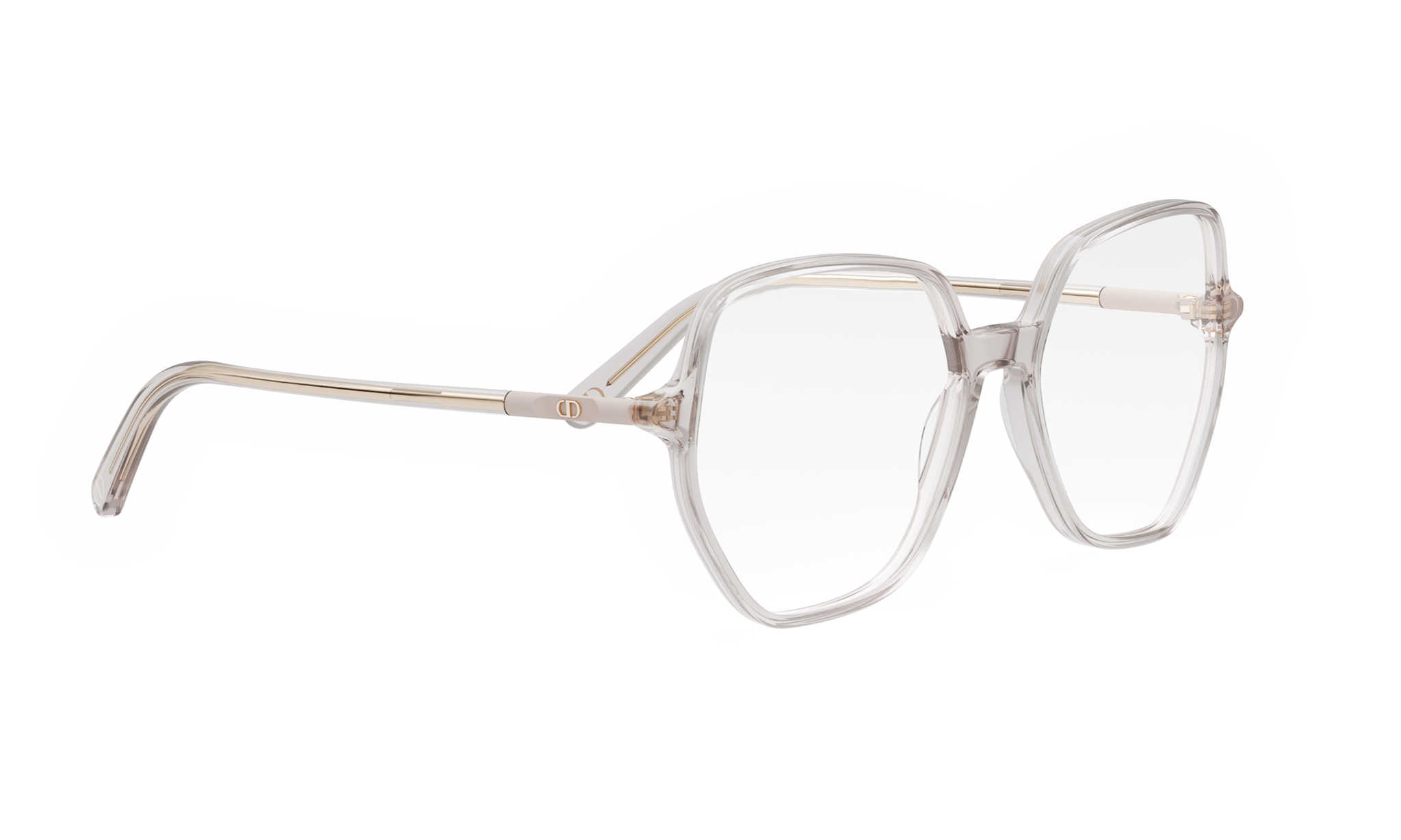 A pair of clear, rectangular-shaped eyeglasses with a gold-colored frame.