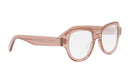 A pair of pink-tinted eyeglasses with clear lenses, featuring a distinctive design and brand name.