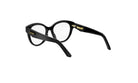 A pair of black-framed glasses with gold accents, positioned on a white background.