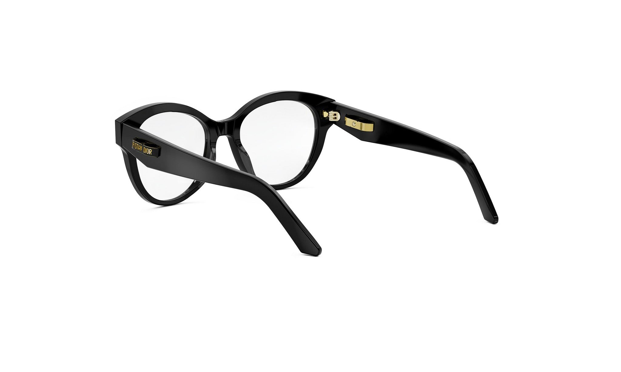 A pair of black-framed glasses with gold accents, positioned on a white background.