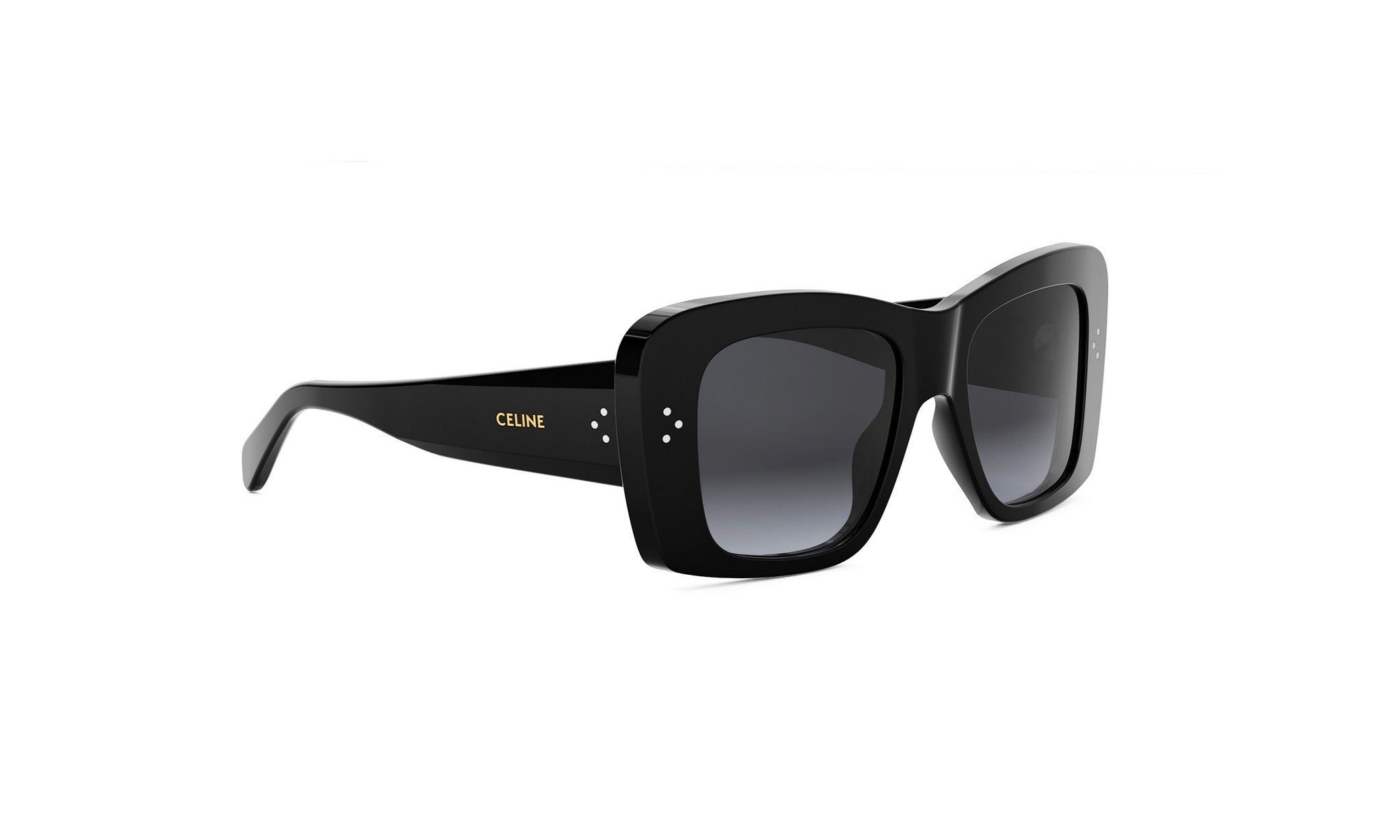 A pair of black sunglasses with the Celine logo on the frame.