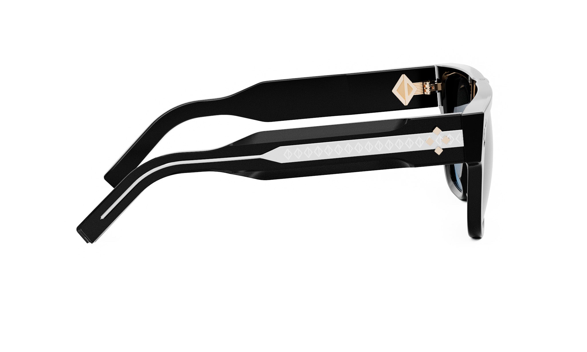 A pair of black and white sunglasses with a gold-colored frame.