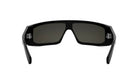 A pair of black sunglasses with dark lenses.