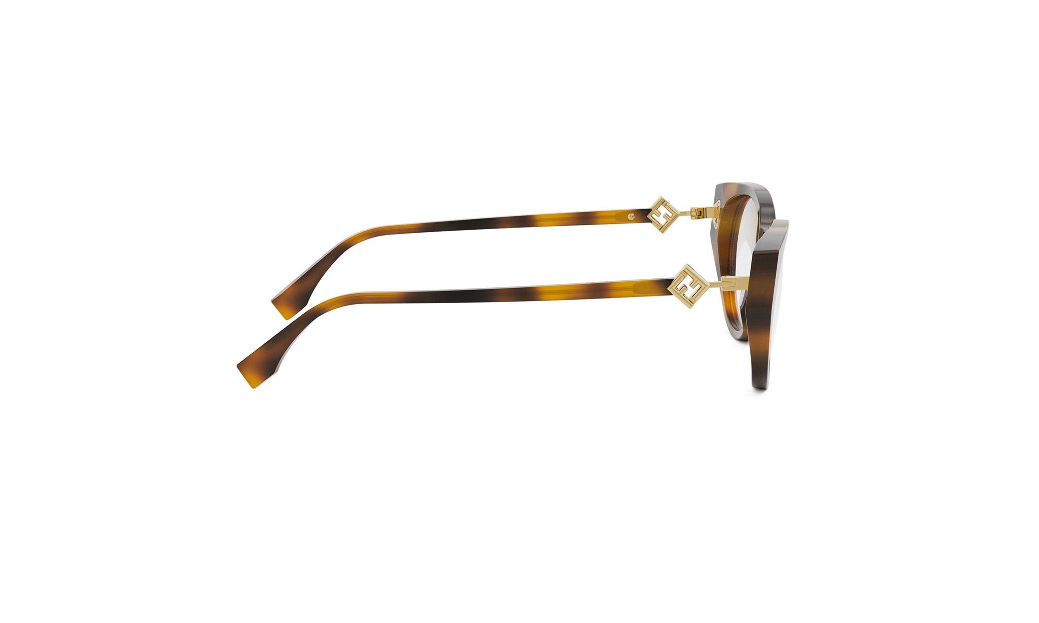 A pair of brown-framed glasses with gold accents, positioned side by side against a white background.