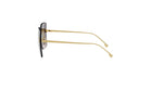 A pair of gold-framed sunglasses with a black frame, positioned on a white background.
