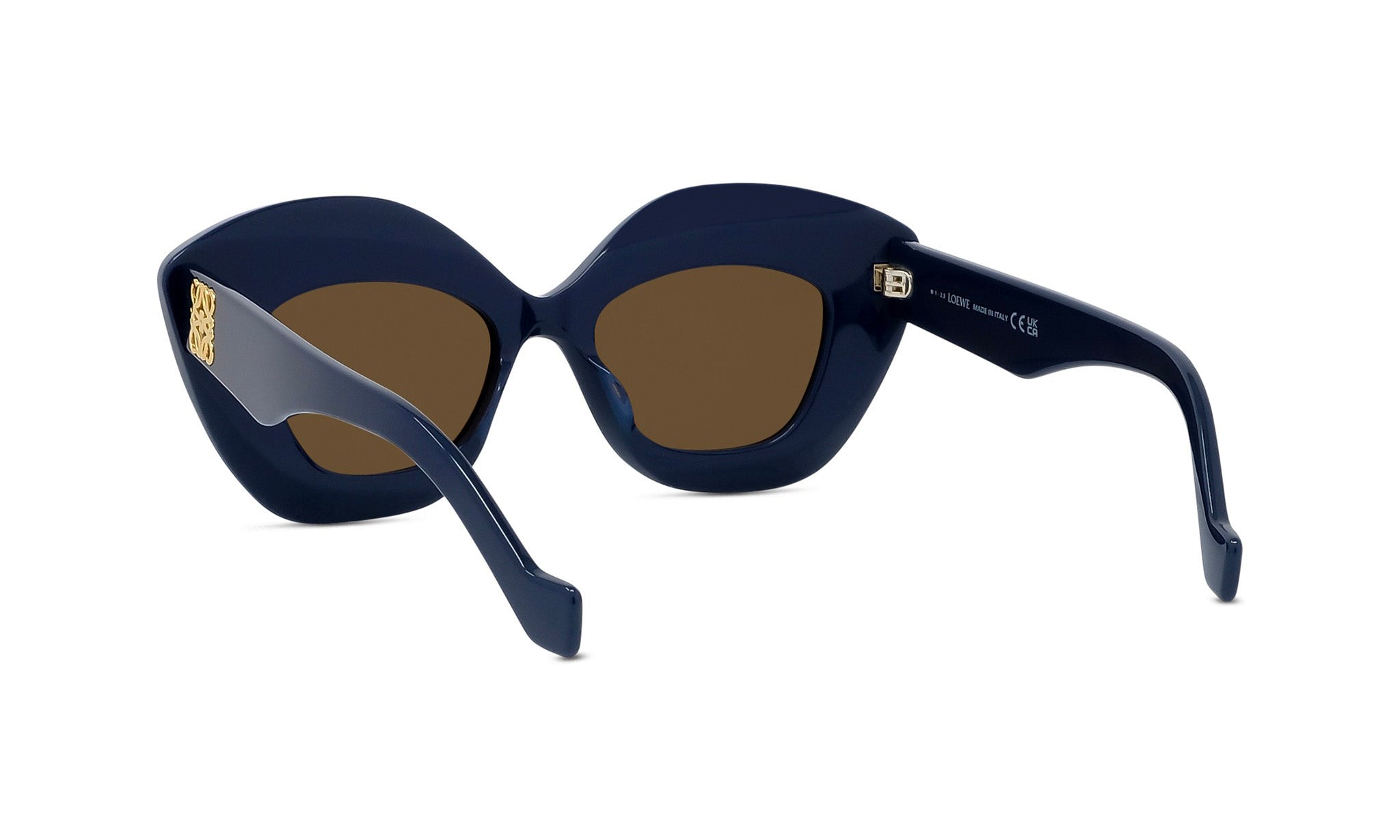 A pair of navy blue sunglasses with brown lenses.