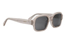 A pair of stylish sunglasses with a clear frame and dark lenses.