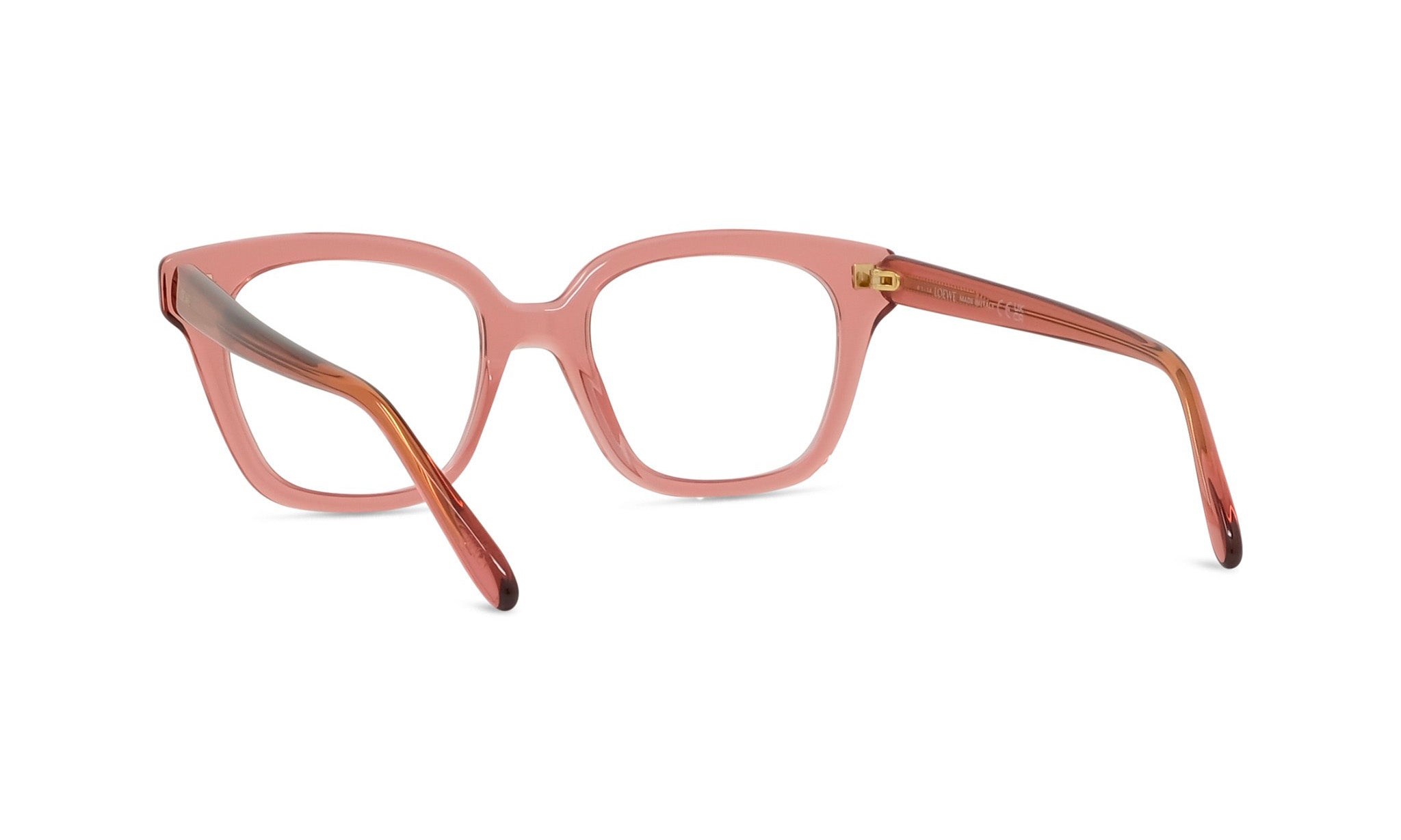 A pair of pink-framed glasses with a brown frame, positioned facing away from the camera.