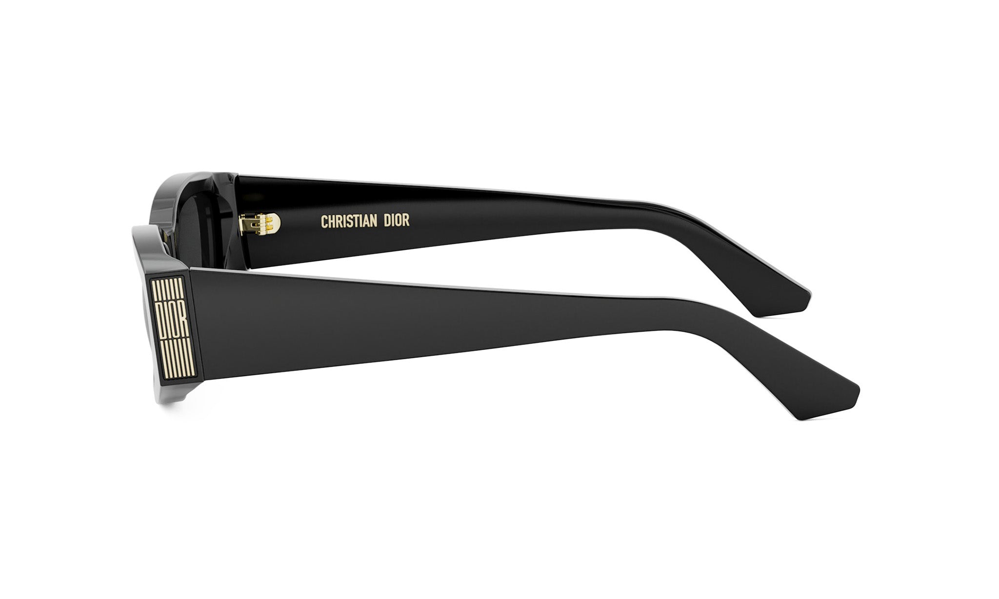A pair of black sunglasses with gold accents and the brand name "CHRISTIAN DIOR" printed on the frame.