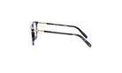 A pair of stylish eyeglasses with a dark frame and gold accents.