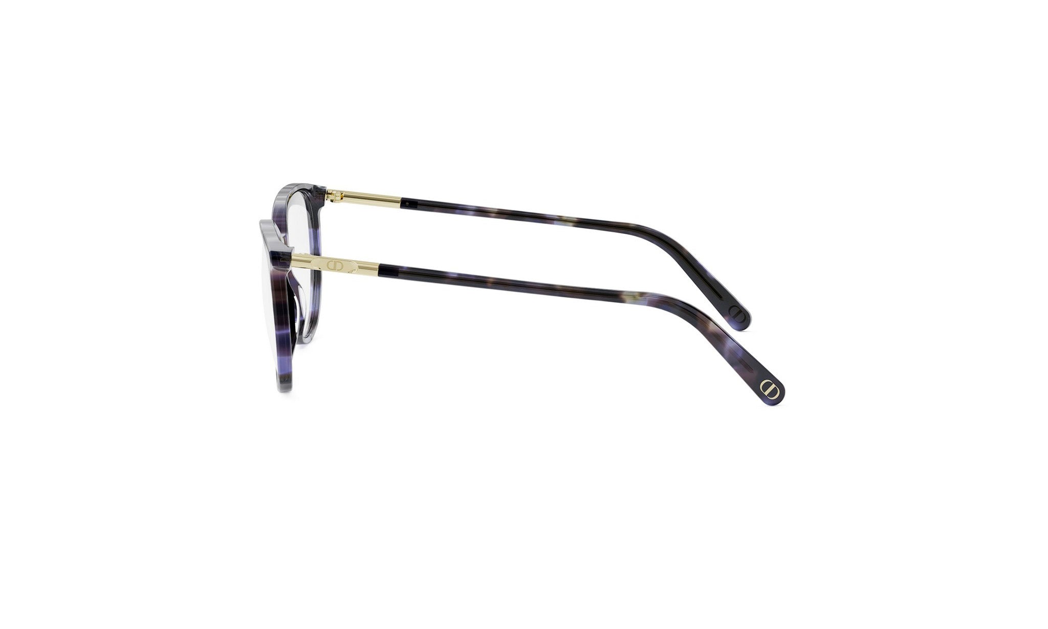 A pair of stylish eyeglasses with a dark frame and gold accents.