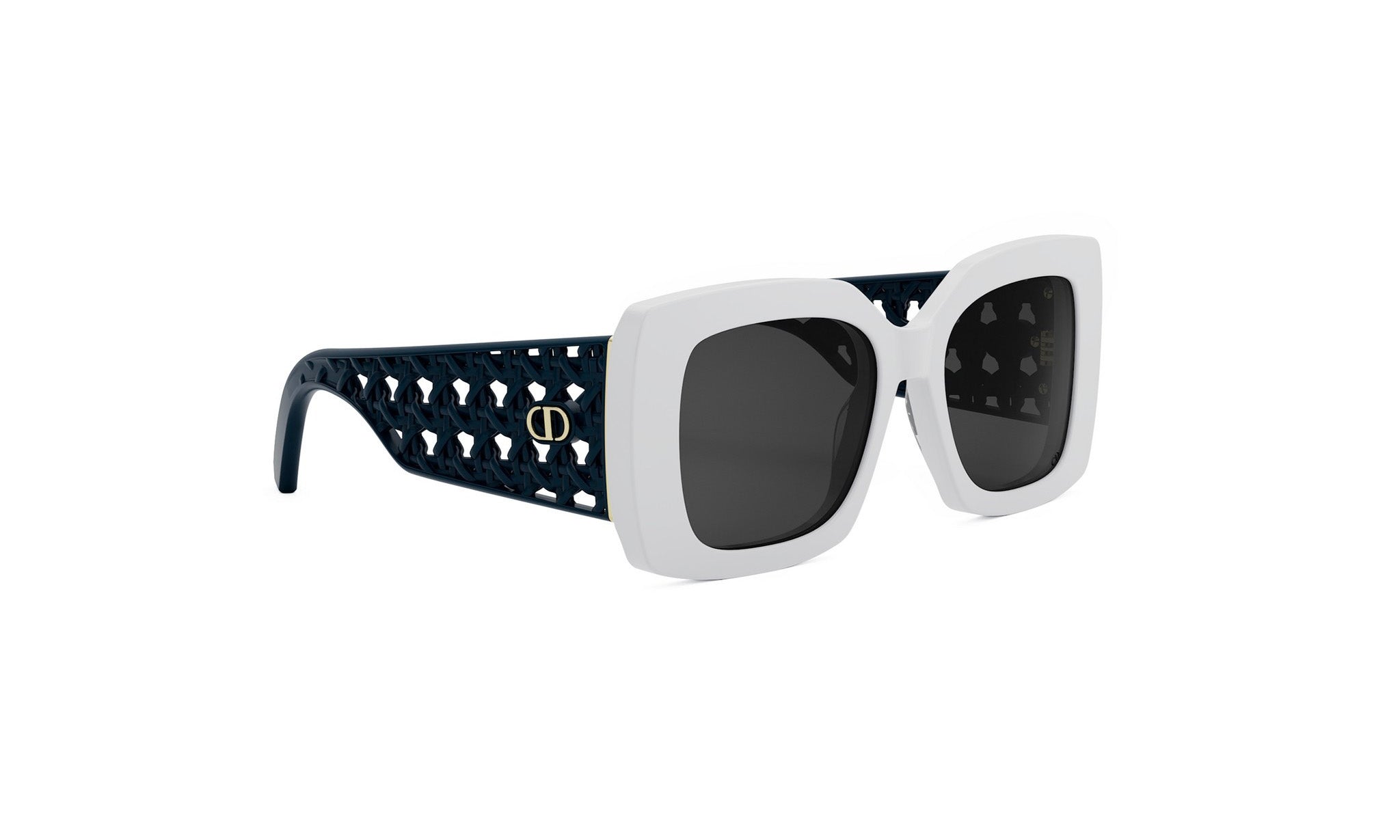 A pair of stylish sunglasses with a white frame and dark blue patterned accents.