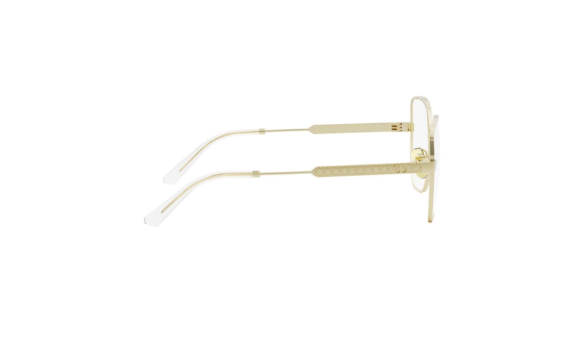 A pair of gold-colored eyeglasses with clear lenses, positioned side by side against a white background.