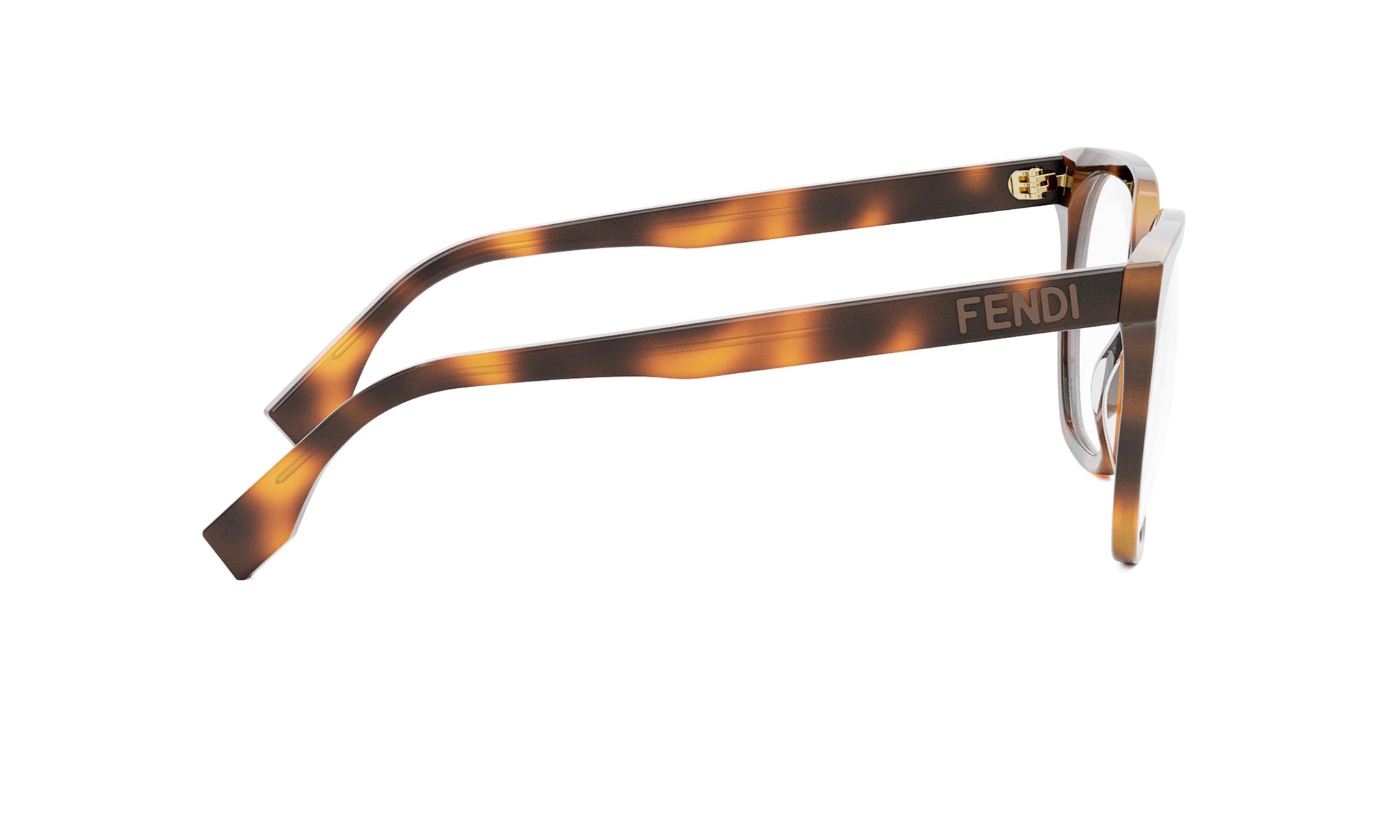 A pair of tortoiseshell-framed Fendi-branded eyeglasses.