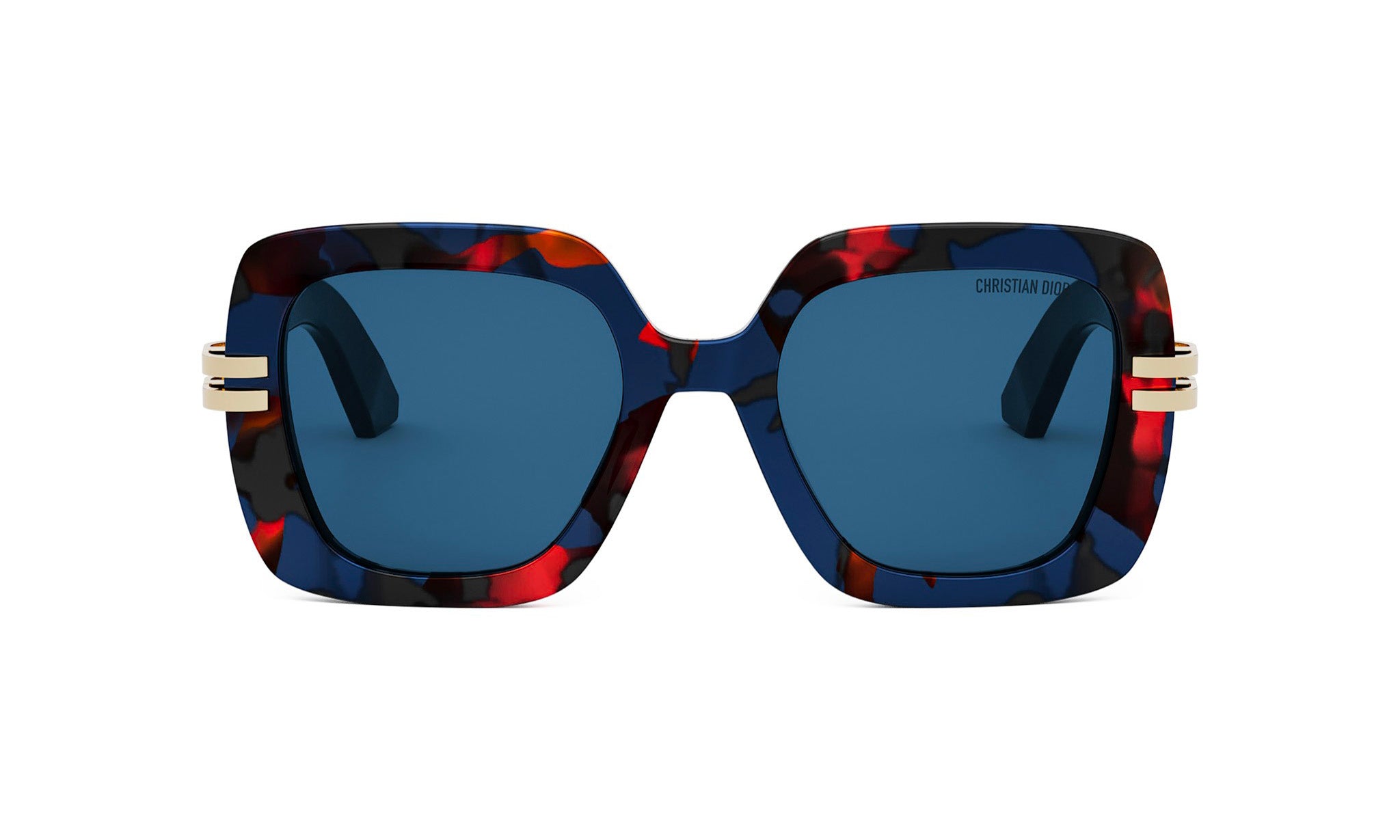 A pair of stylish sunglasses with a blue frame and red and black pattern.