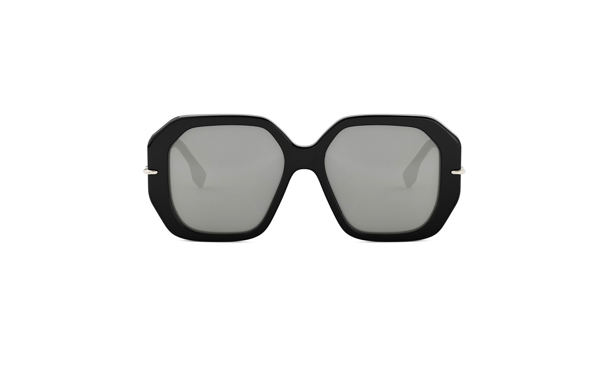 A pair of black-framed sunglasses with a mirrored lens design.
