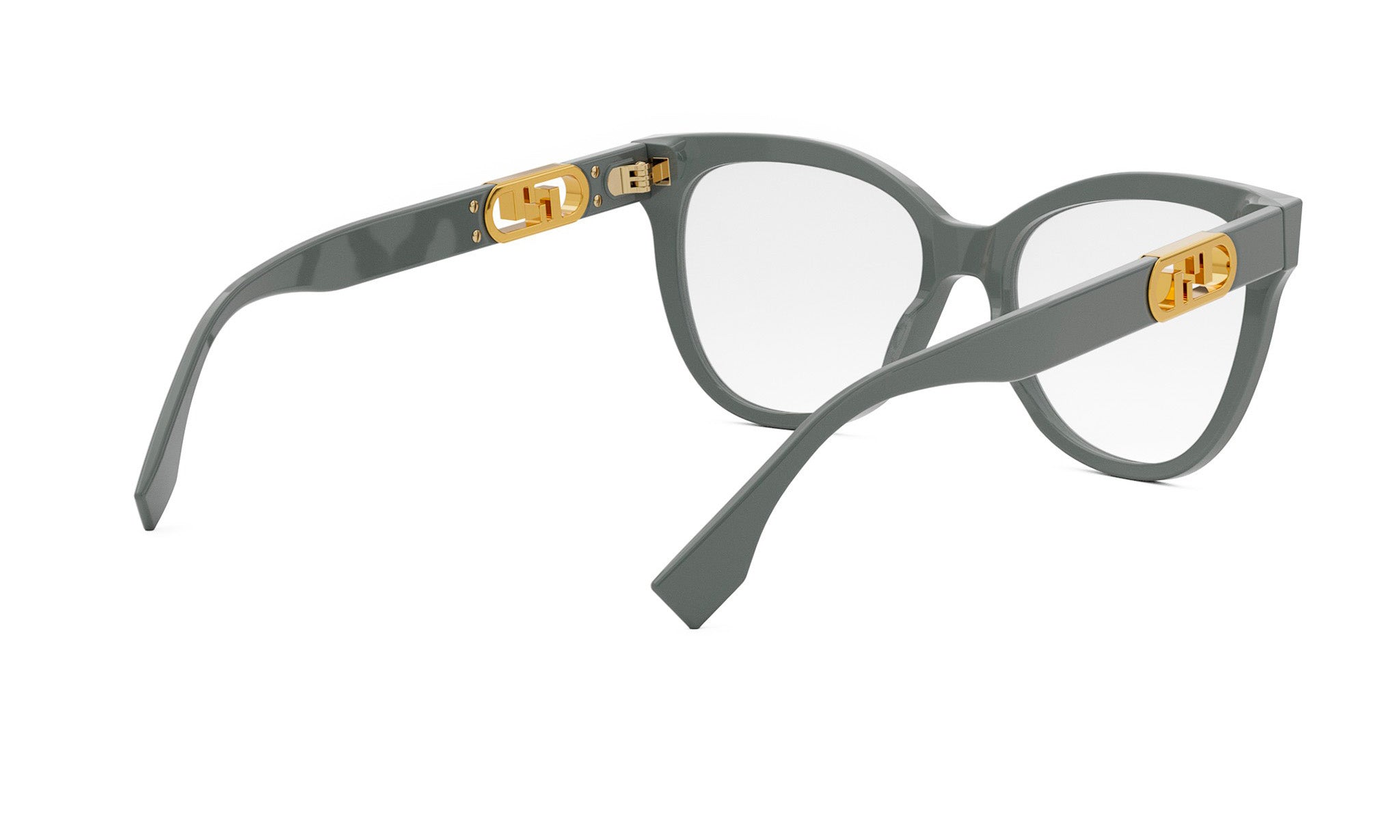 A pair of stylish, gray-framed glasses with gold accents, including a logo on the temples.