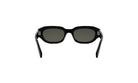 A pair of black sunglasses with dark lenses.