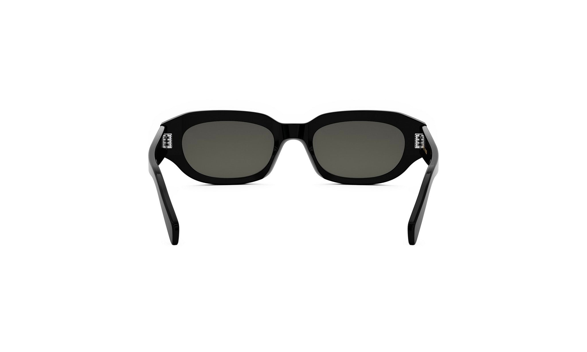 A pair of black sunglasses with dark lenses.