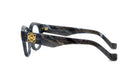 A pair of stylish, black-framed glasses with a gold-colored logo on the temples.