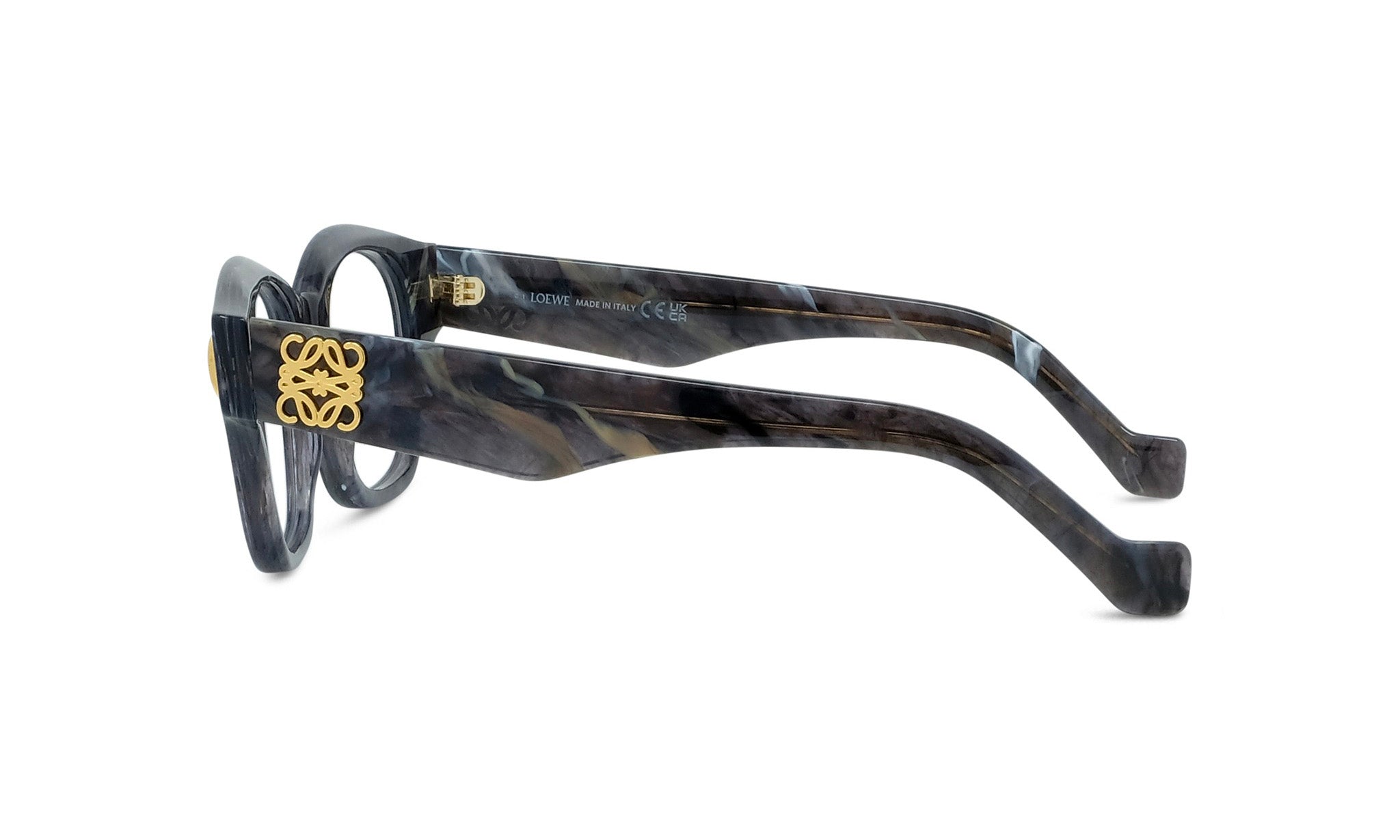 A pair of stylish, black-framed glasses with a gold-colored logo on the temples.