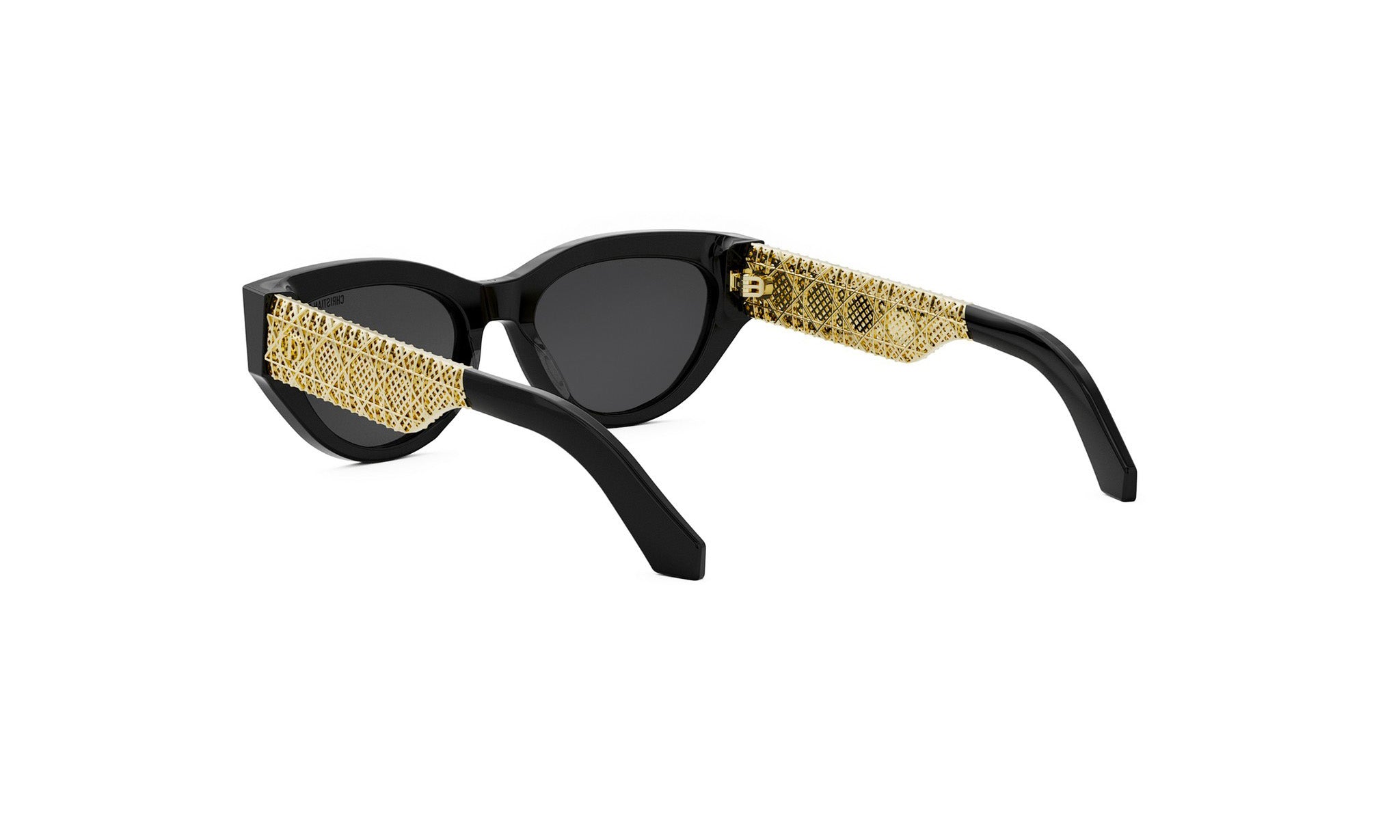 A pair of black cat-eye sunglasses with gold-colored embellishments on the arms.