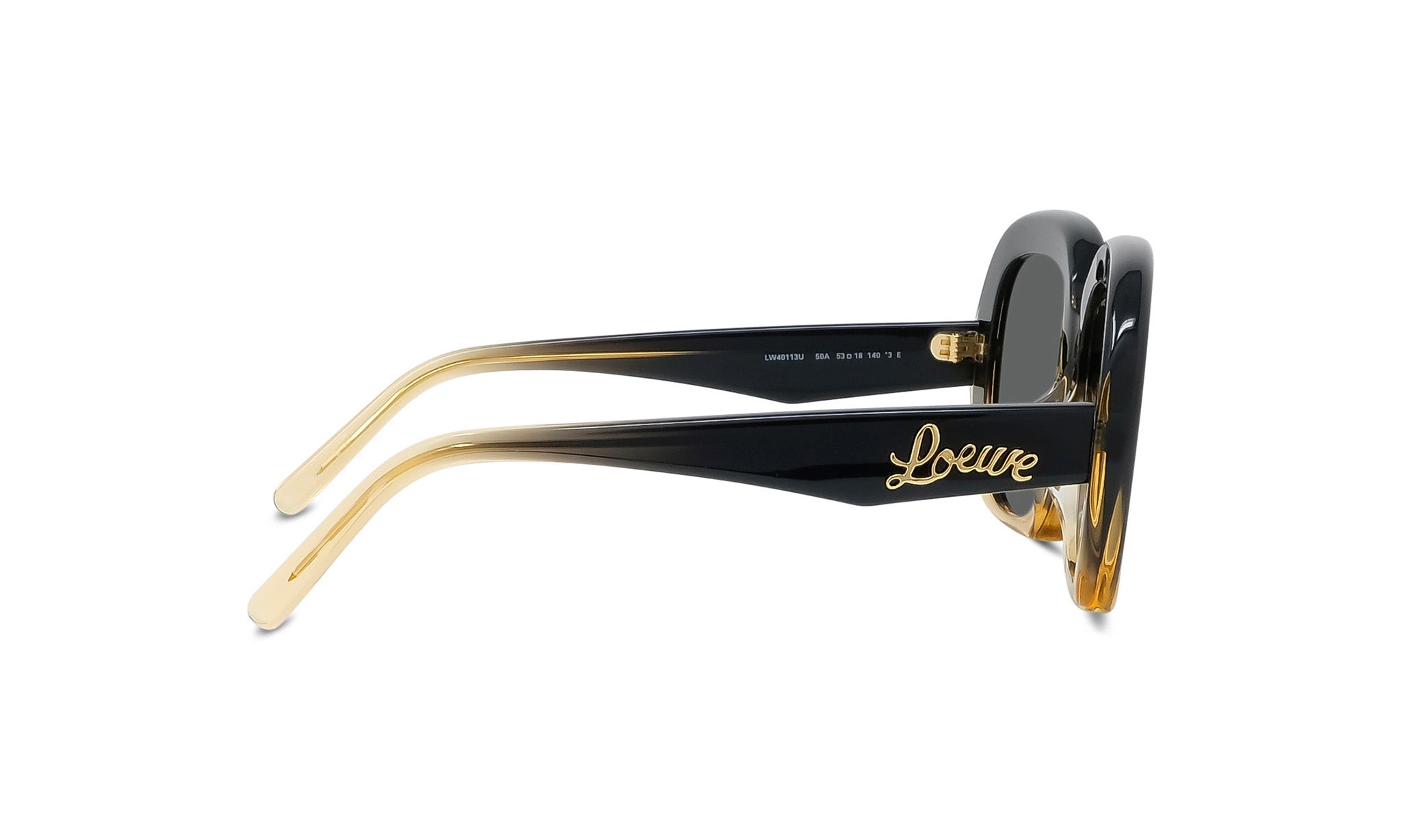 A pair of stylish sunglasses with a black frame and gold accents.