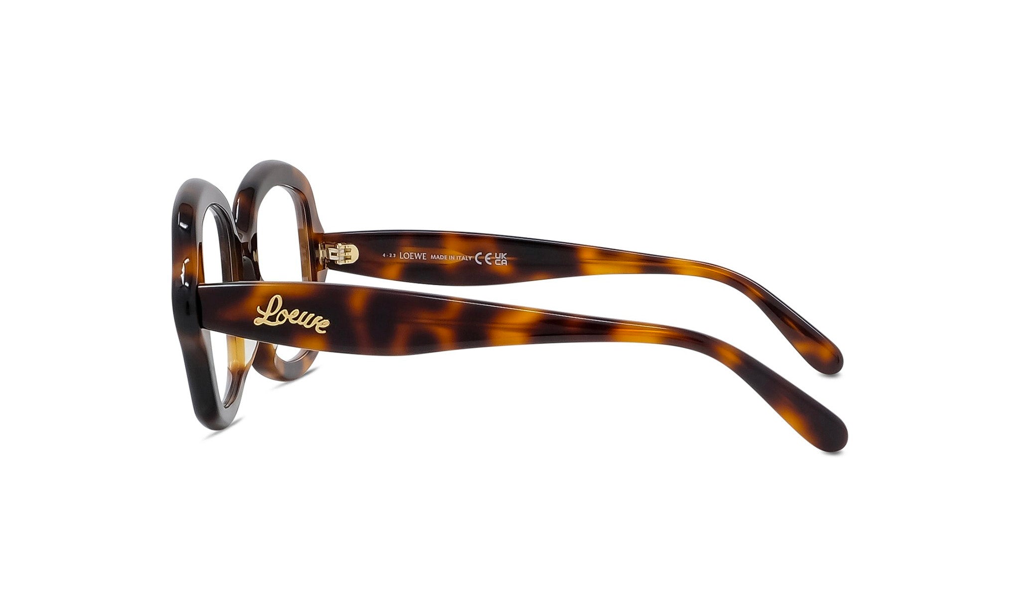 A pair of tortoiseshell-framed eyeglasses with the word "Love" engraved on the temples.