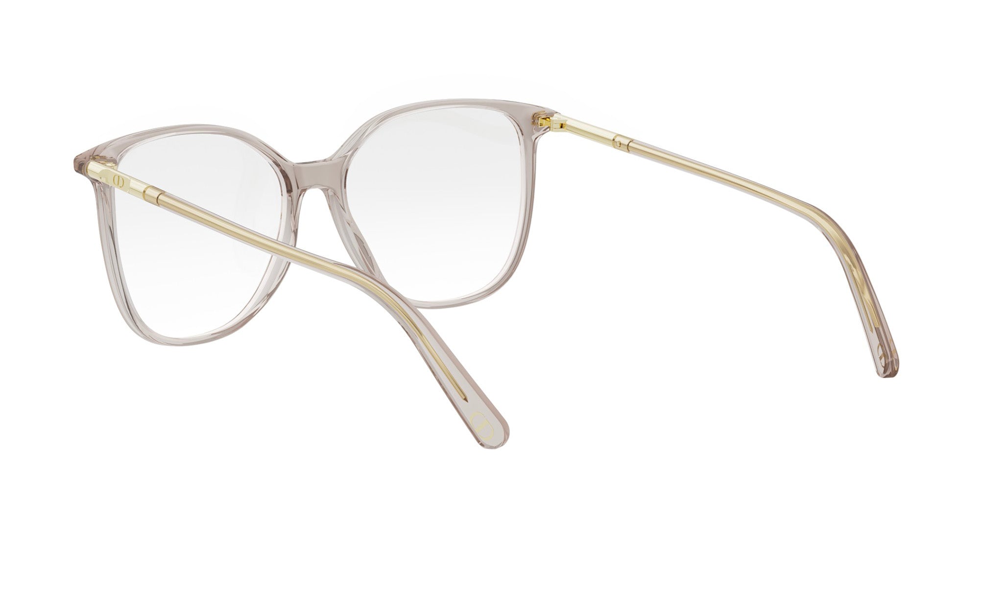 A pair of clear-framed glasses with gold-colored metal arms.