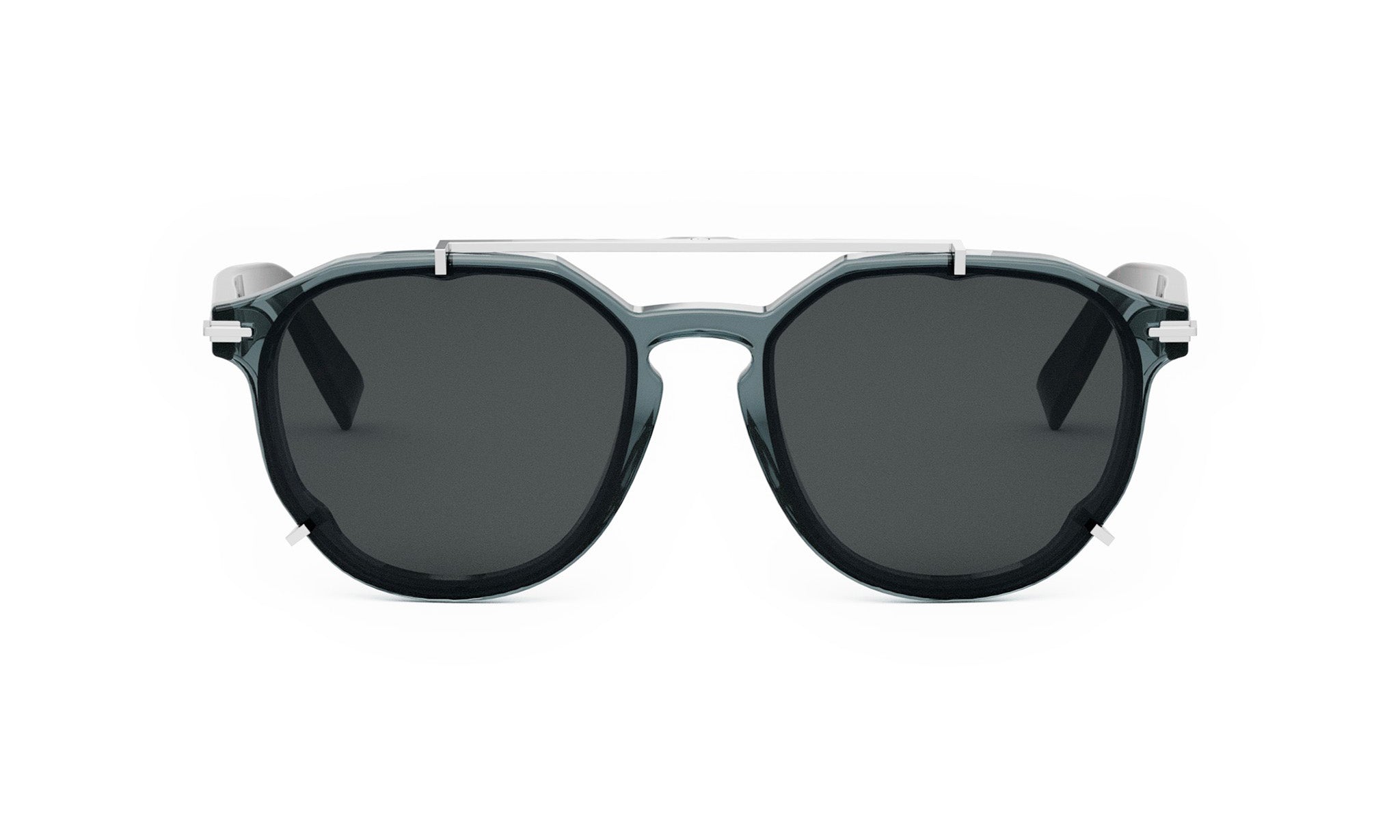 A pair of dark-framed sunglasses with a sleek, modern design.