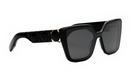 A pair of black sunglasses with a geometric pattern on the frame.