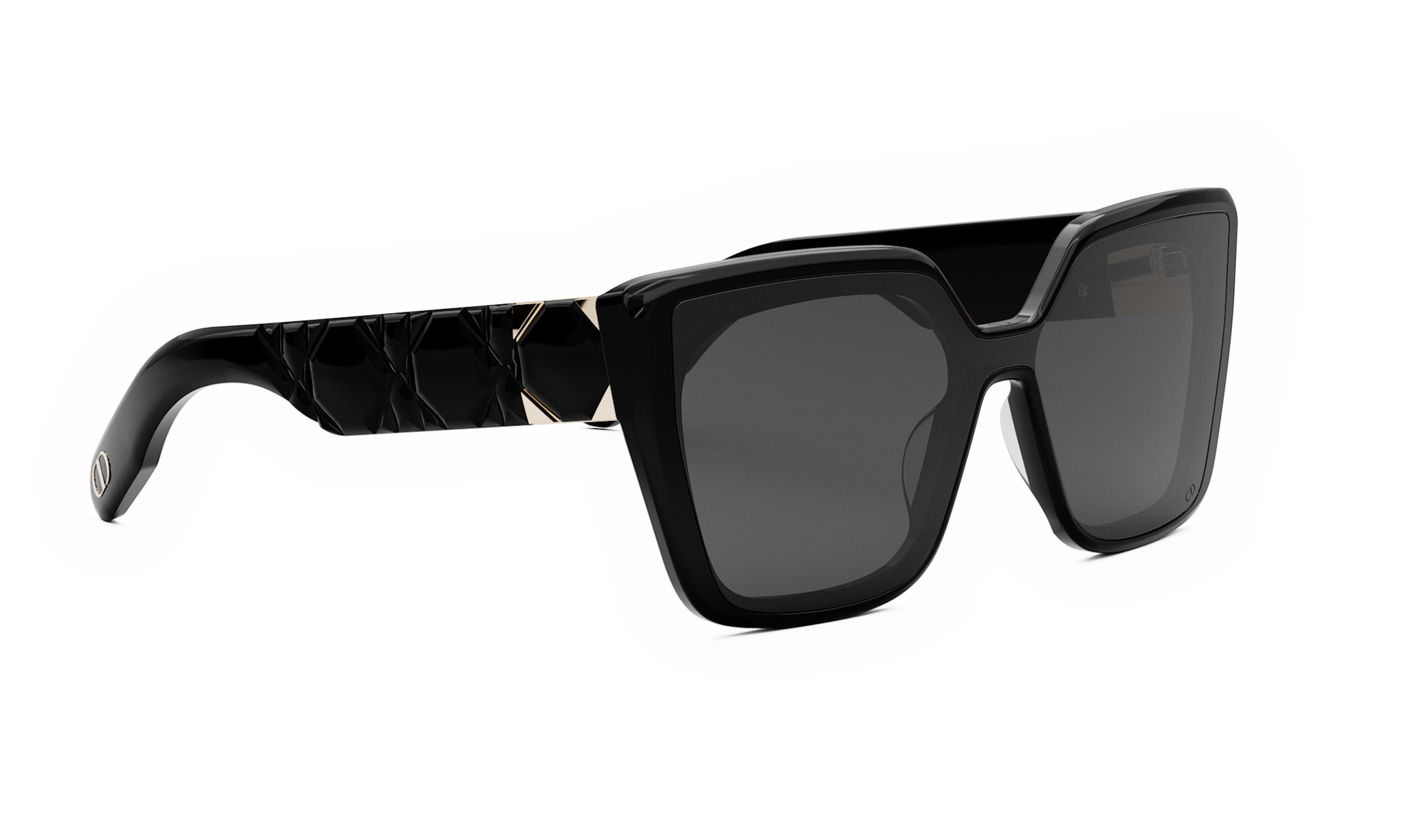 A pair of black sunglasses with a geometric pattern on the frame.
