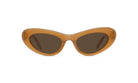A pair of brown cat-eye sunglasses with dark lenses.