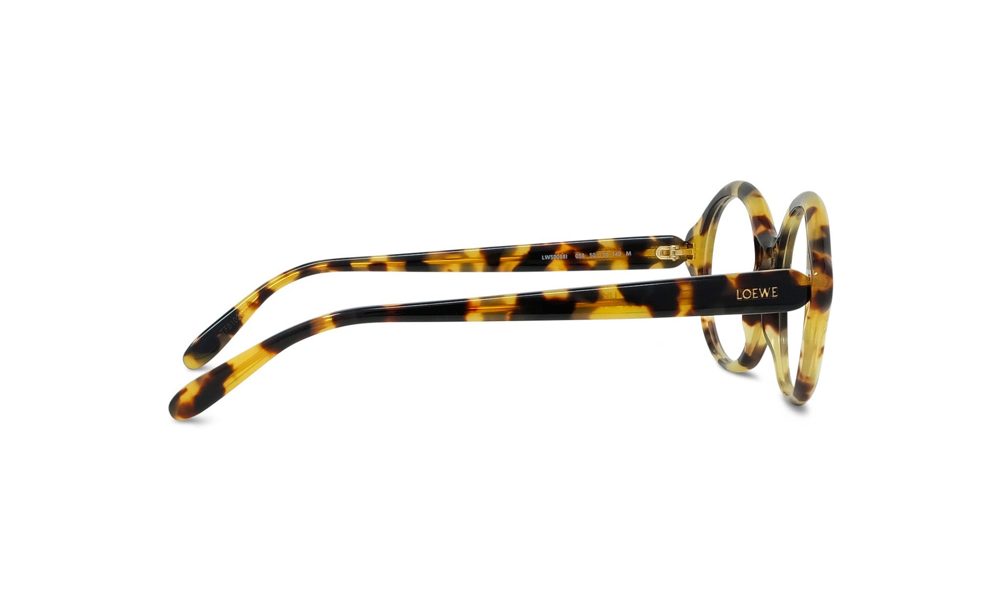 A pair of tortoiseshell-patterned eyeglasses with the LESS THAN 500 logo visible on the temples.