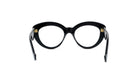 A pair of black, round-framed glasses with gold accents.