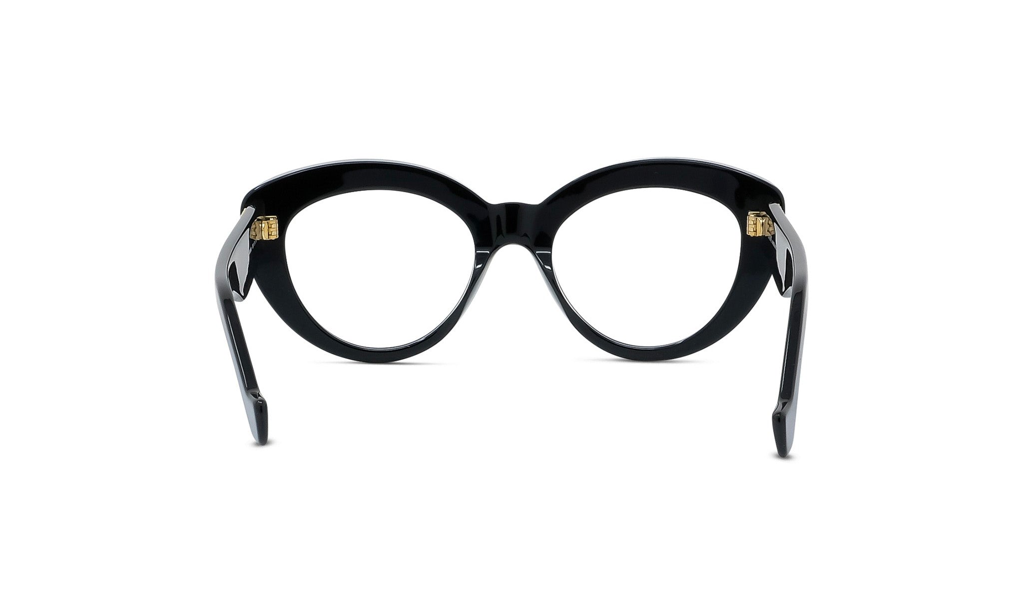 A pair of black, round-framed glasses with gold accents.