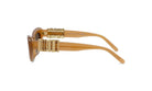 A pair of tan-colored sunglasses with a gold-colored frame and a gold-colored strap.