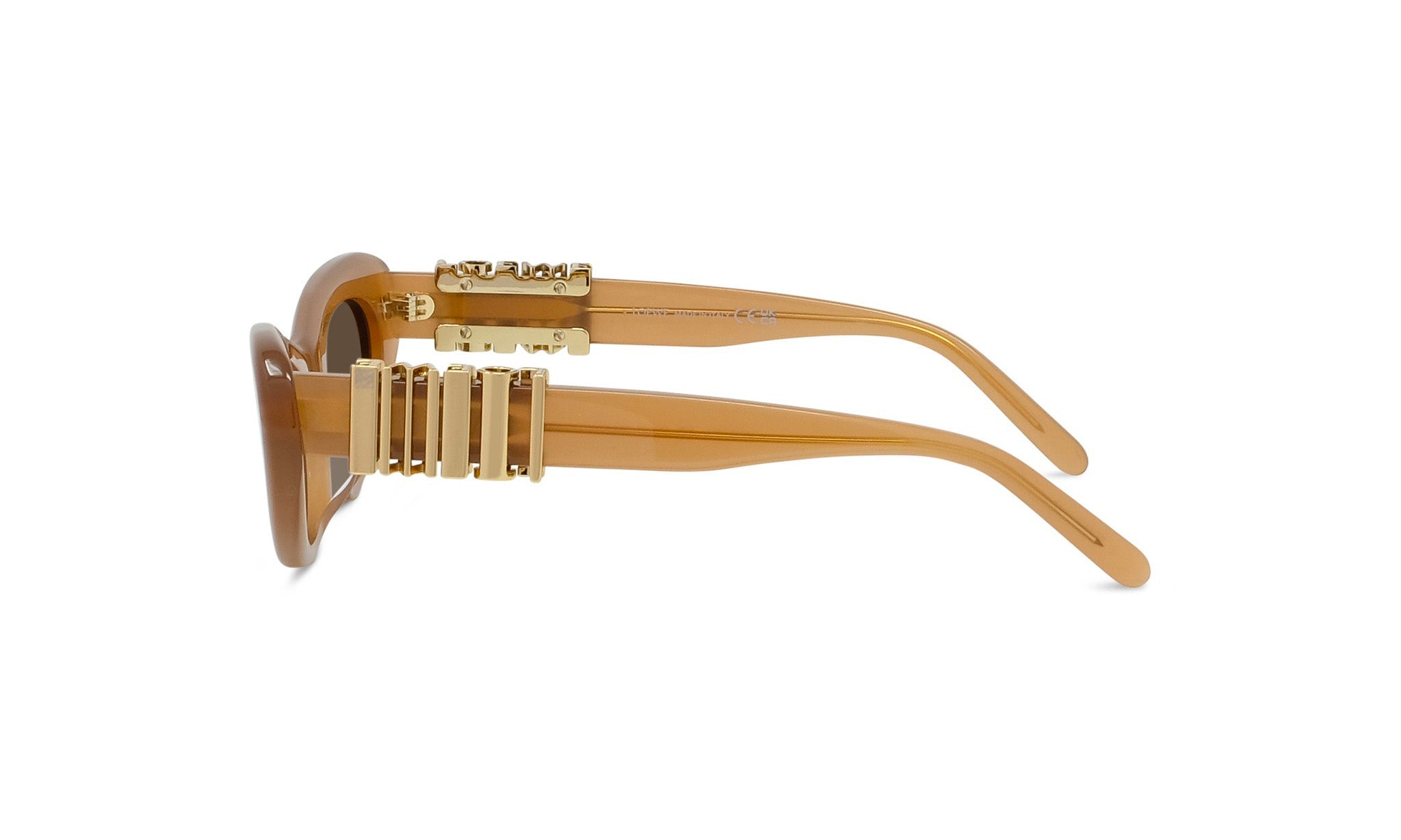 A pair of tan-colored sunglasses with a gold-colored frame and a gold-colored strap.