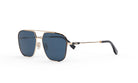 A pair of aviator sunglasses with dark blue lenses and a gold frame.