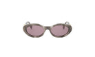 A pair of gray cat-eye sunglasses with dark purple lenses.
