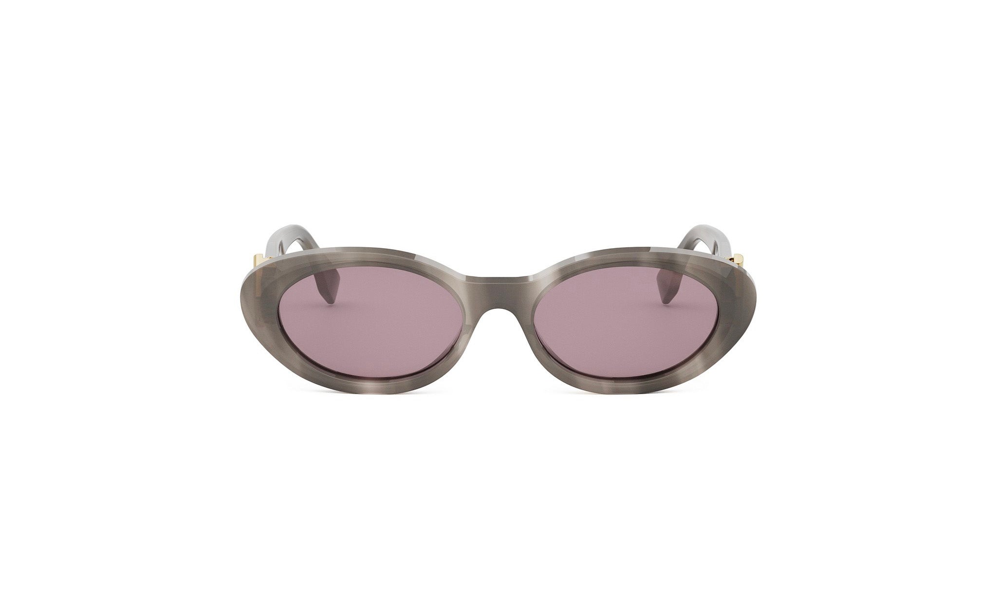 A pair of gray cat-eye sunglasses with dark purple lenses.