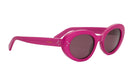 A pair of pink sunglasses with dark lenses.