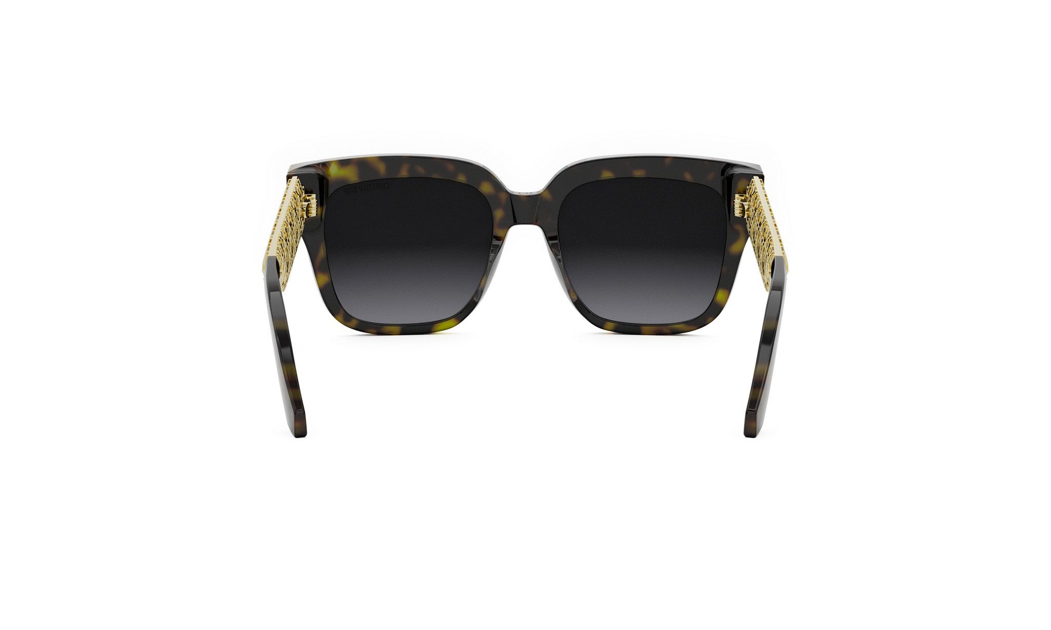 A pair of sunglasses with a dark frame and gold accents, featuring a tortoiseshell pattern.
