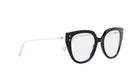 A pair of black cat-eye framed glasses with gold accents.