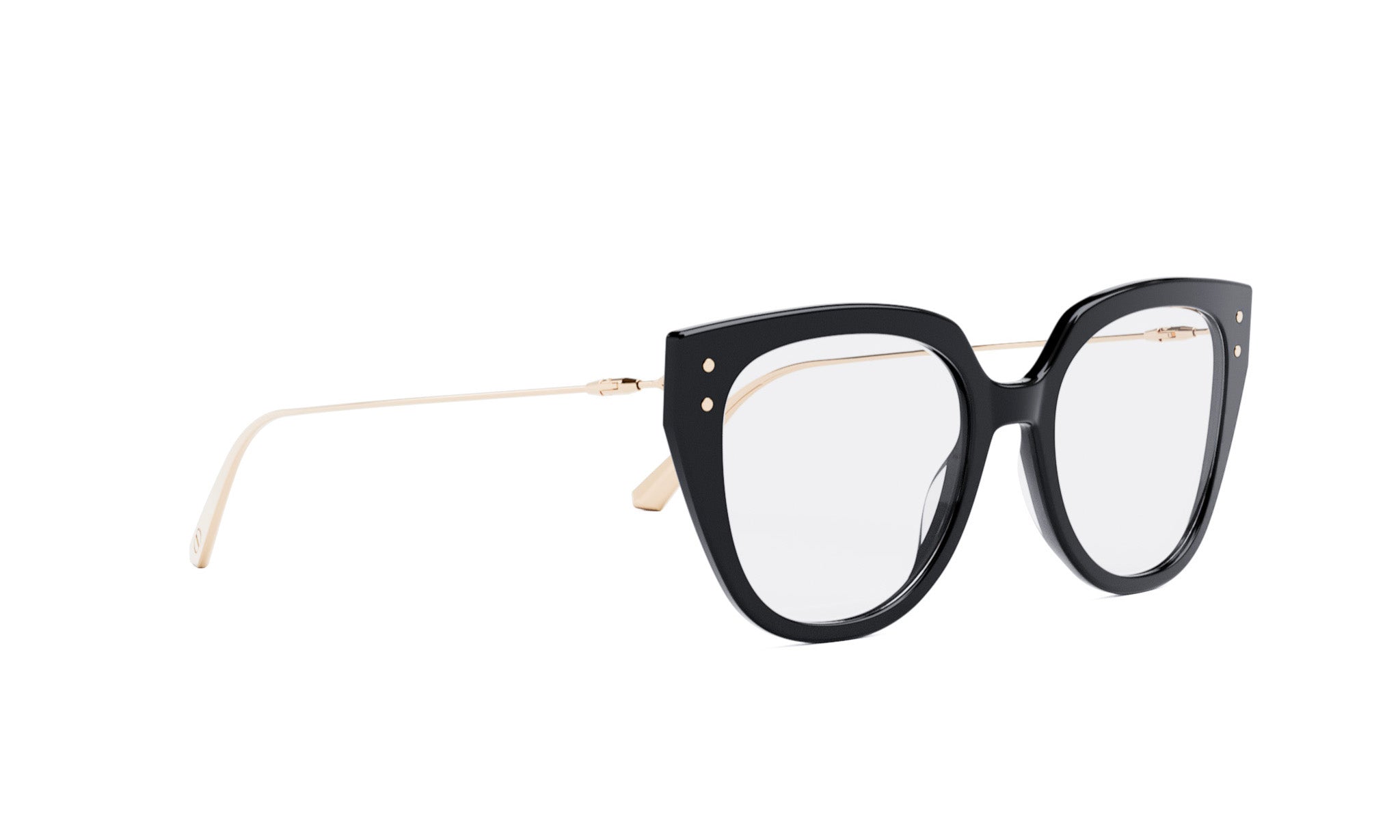A pair of black cat-eye framed glasses with gold accents.