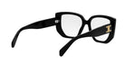 A pair of black-framed glasses with a gold logo on the temples.