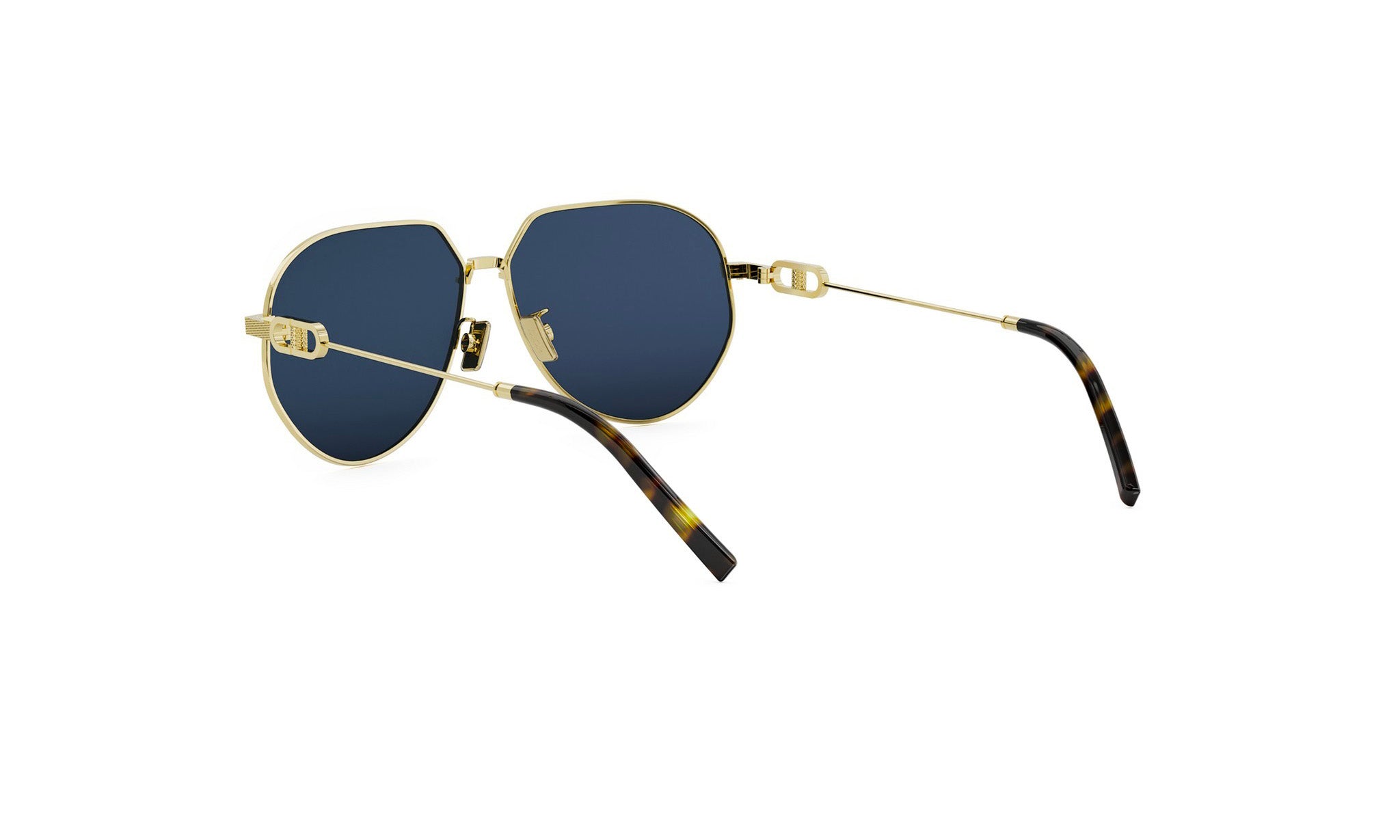 A pair of gold-framed sunglasses with dark blue lenses.