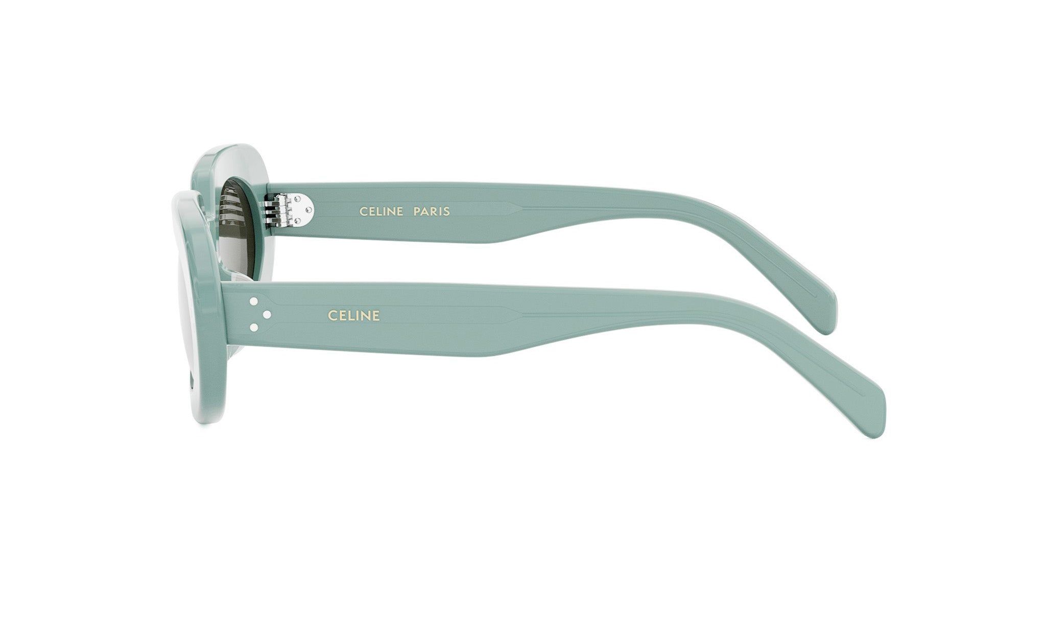 A pair of light blue sunglasses with the Celine Paris logo on the temples.