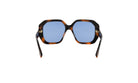 A pair of stylish sunglasses with blue lenses and a dark frame.
